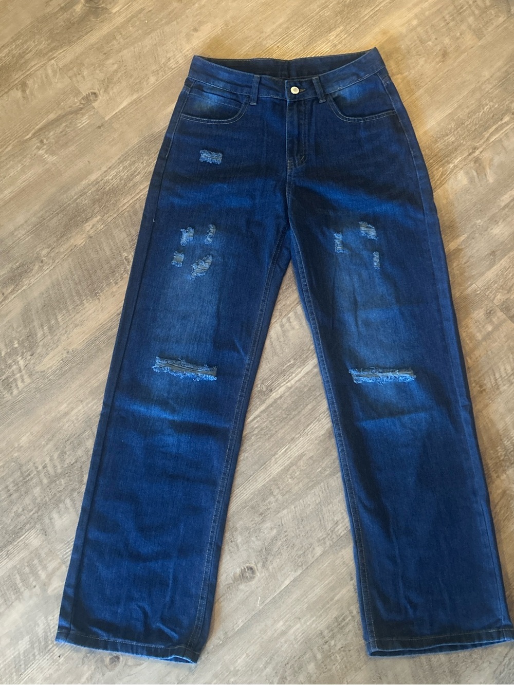 Women’s Straight Leg Distressed Jeans — Dark Blue